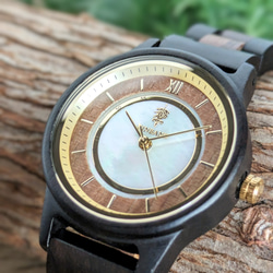 【木製腕時計】EINBAND Anmut マザーオブパール × エボニー＆クルミ 木の時計 ウッド【32mm】 4枚目の画像