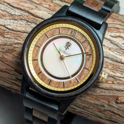 【木製腕時計】EINBAND Anmut マザーオブパール × エボニー＆クルミ 木の時計 ウッド【32mm】 1枚目の画像