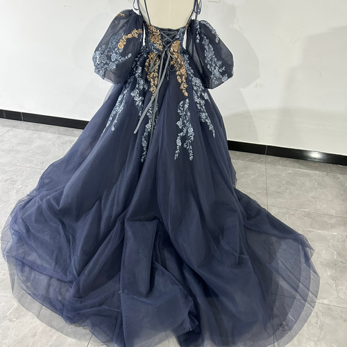 豪華！パーティードレス ネイビー ベアトップ サッシュベルト 繊細  