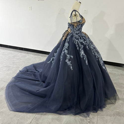 豪華！パーティードレス ネイビー ベアトップ サッシュベルト 繊細  