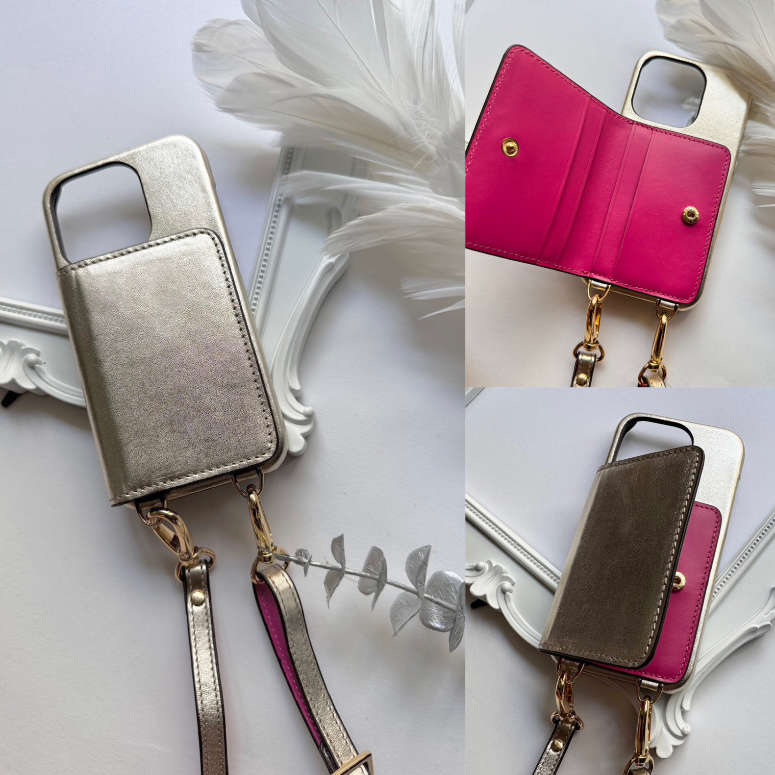#3 名入れ可｜バイカラー本革iPhoneショルダーケース（背面収納　スマホショルダー）Lightgold+Pink