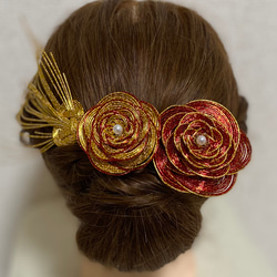 髪飾り　ヘアクリップ　ヘアアクセサリー　ヘア小物　成人式　振袖　水引　ゴールド　赤　きれい　豪華 1枚目の画像