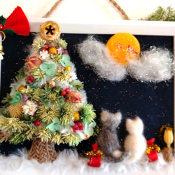 ドライフラワーのアレンジXmasツリー　月夜サンタとほんわか羊毛ネコ♡　✳壁掛け、スタンド両用✳ 5枚目の画像