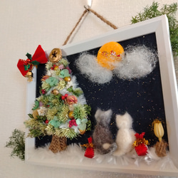 ドライフラワーのアレンジXmasツリー　月夜サンタとほんわか羊毛ネコ♡　✳壁掛け、スタンド両用✳ 4枚目の画像