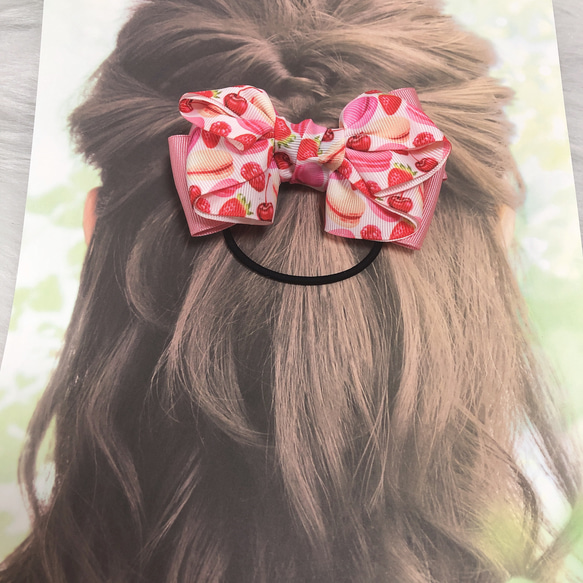 リボン ヘアゴム ヘアアクセサリー フルーツ マカロン さくらんぼ  