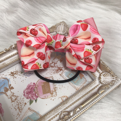 リボン ヘアゴム ヘアアクセサリー フルーツ マカロン さくらんぼ  