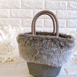 【ハンドメイド】2way クラフトバンド 籠バック グレー レースドット ファー ハンドメイド】2way クラフトバンド 籠バック グレー レース