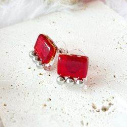 square glass metal earrings〜rectangle red〜 6枚目の画像