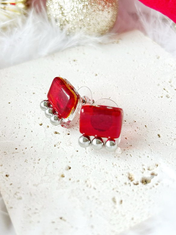 square glass metal earrings〜rectangle red〜 6枚目の画像