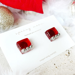 square glass metal earrings〜rectangle red〜 5枚目の画像