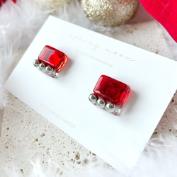 square glass metal earrings〜rectangle red〜 2枚目の画像