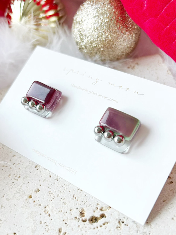 square glass metal earrings〜rectangle purple〜 2枚目の画像