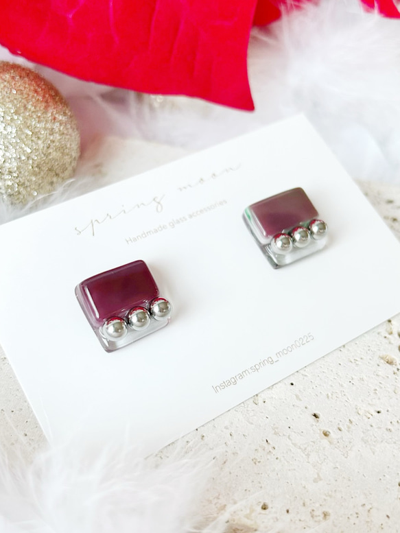 square glass metal earrings〜rectangle purple〜 4枚目の画像