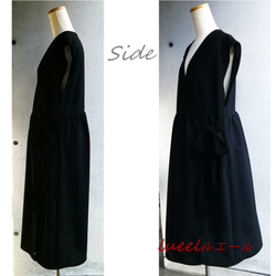 日本製　羽織るエプロン 黒　リボン付き 《7L～10L》大人可愛い ロング丈エプロンドレス　135100-20-3 3枚目の画像
