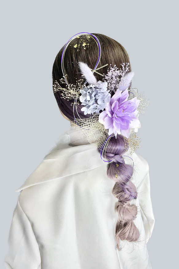 髪飾り(ダリア/パープル)水引 金箔 成人式 前撮り 卒業式 結婚式 七五三 2枚目の画像