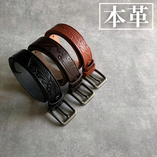 本革 ベルト メンズ カジュアル レザーベルト メンズ 牛革 カービング