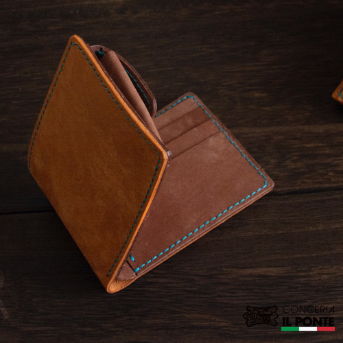 二つ折り財布　ハンドメイド　本革　マヤ イタリアンレザー マヤ 手縫い二つ折り財布 ボルドーxコニャック