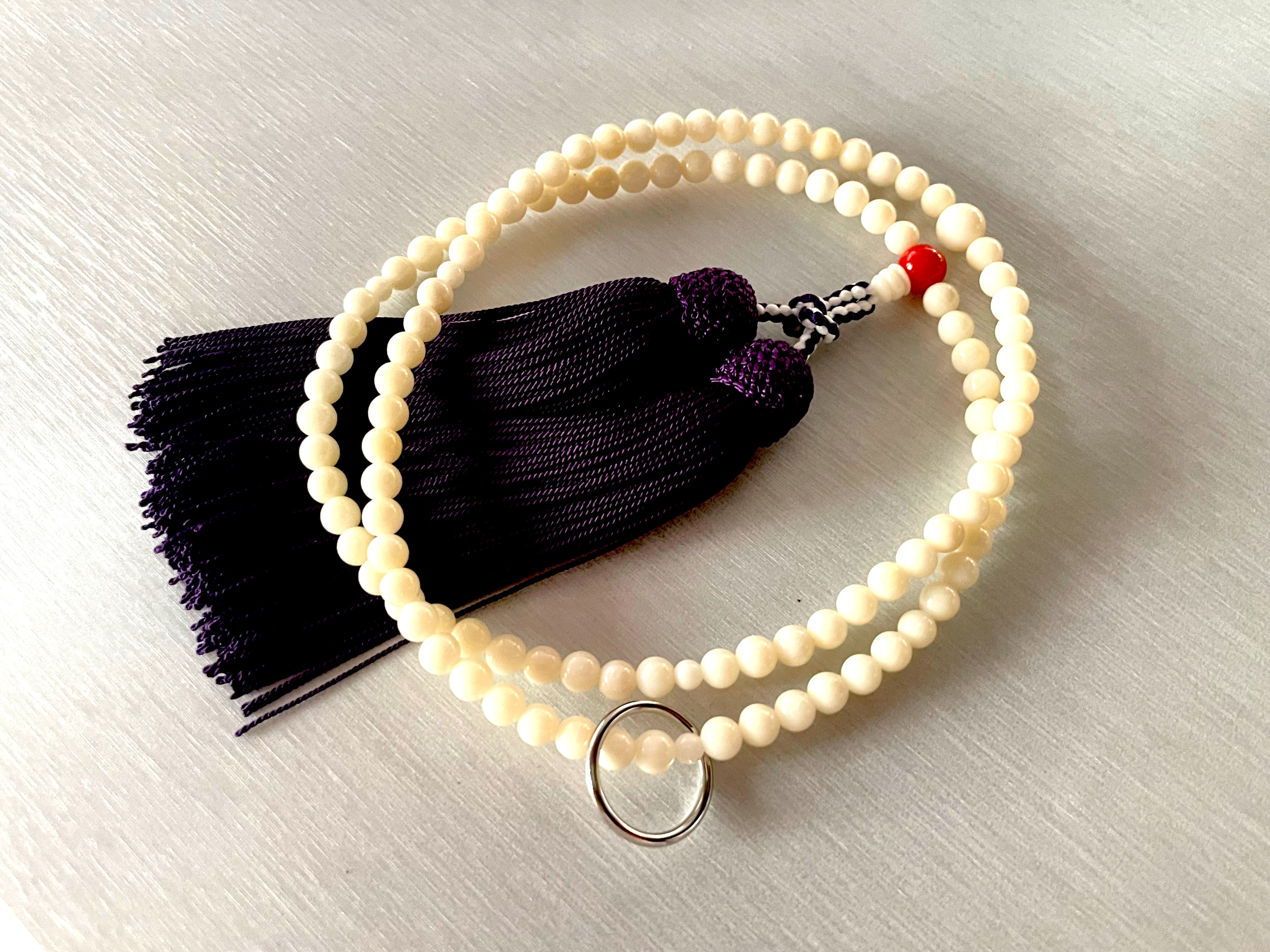 白珊瑚　曹洞宗数珠　紫紺房　親玉赤珊瑚　(ほぼ無傷５mm玉使用)