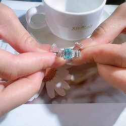 人エアクアマリン 長方形 高炭素ダイヤモンド キラキラゴージャス ラグジュアリー リング 青 ホワイト 白 指輪 5枚目の画像