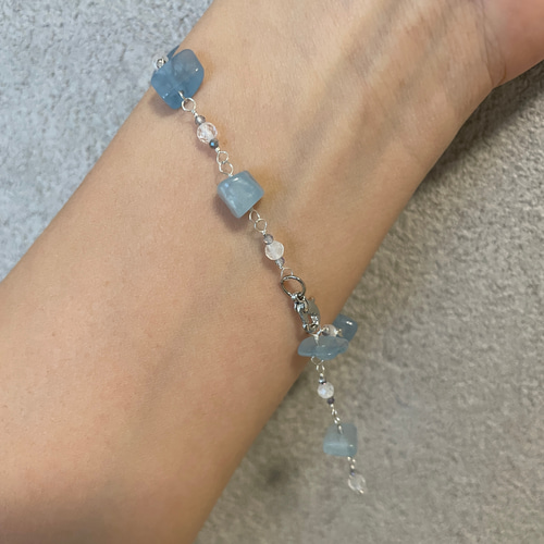 ◇シルバー925◇アクアマリンレインボームーンストーンブレスレット天然石