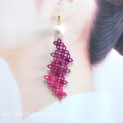 幾何圖案梭織蕾絲棉質珍珠耳環&lt;哥德粉紅&gt; 第5張的照片