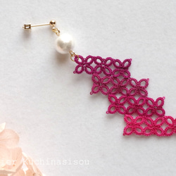 幾何圖案梭織蕾絲棉質珍珠耳環&lt;哥德粉紅&gt; 第4張的照片