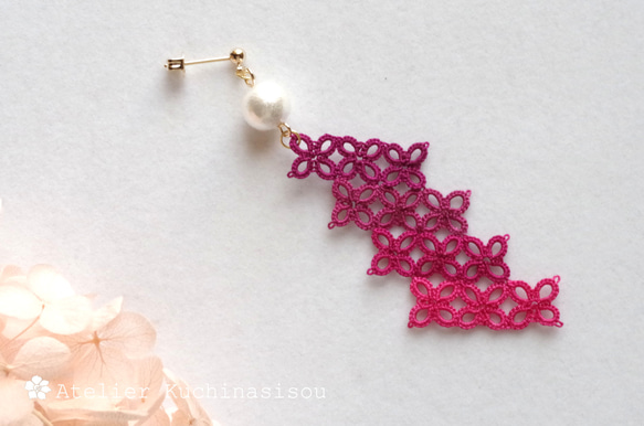 幾何圖案梭織蕾絲棉質珍珠耳環&lt;哥德粉紅&gt; 第4張的照片