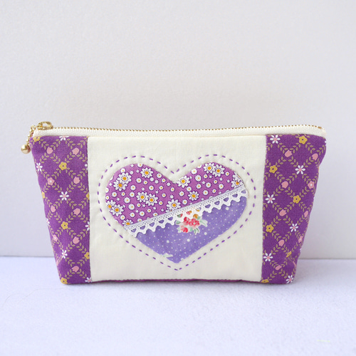 ○パッチワークの♥ハート 紫 アップリケのかわいいポーチ○ ポーチ こ