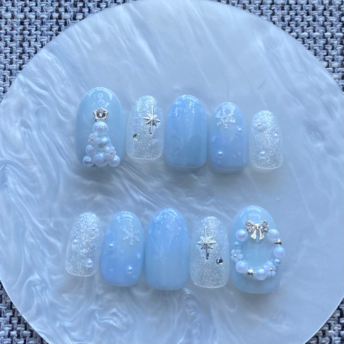 クリスマスネイル 水色 シルバー 白 雪 韓国 クリスマスツリー リース