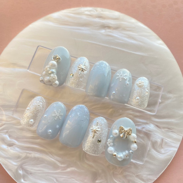クリスマスネイル 水色 シルバー 白 雪 韓国 クリスマスツリー リース  
