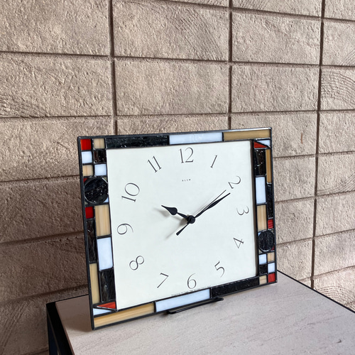 ステンドグラス　掛け時計 ステンドグラスの壁掛け時計 ALIM(茶)・受注制作 掛け時計