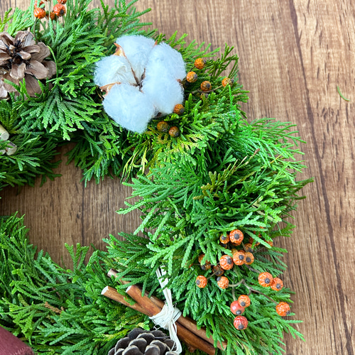 針葉樹のフレッシュクリスマスフルリース ｜ドライフラワーリースに