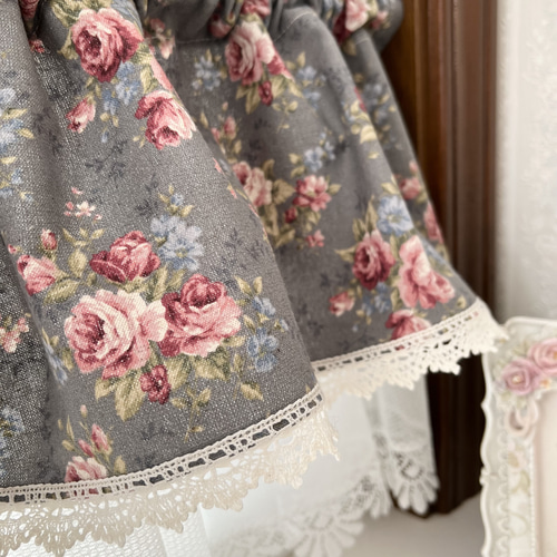 SALEஐ⋆*フランスアンティーク・花柄刺繍カフェカーテン フラワー刺繍 カフェカーテン 約130×60cm [Florish]｜アミ