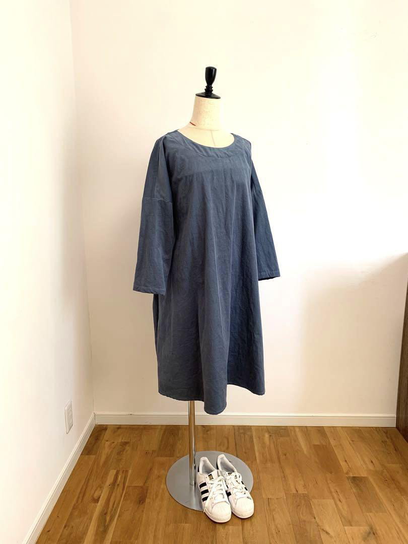 ハンドメイド・七分袖・細畝コーデュロイワンピース・着丈96ｃｍ・綿100％