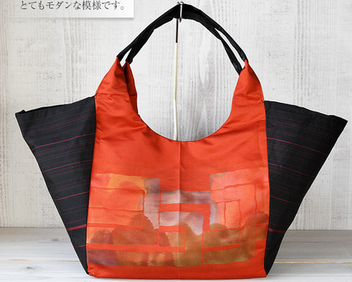 着物リメイク バッグ【でかバッグ 朱色四角模様 B柄】トート