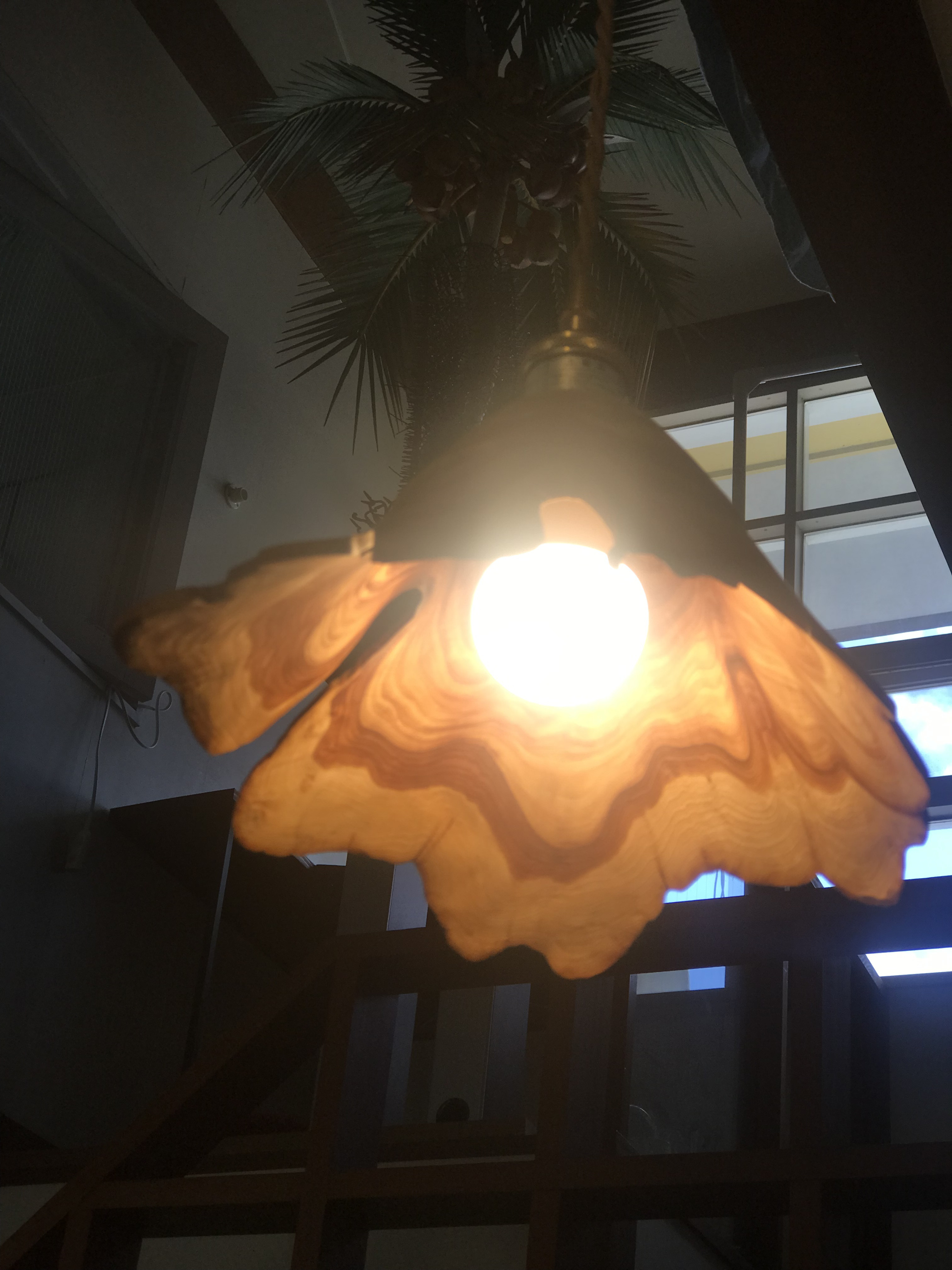 カイズカイブキで作った木目が美しいレトロでおしゃれなペンダントライト。一点物。