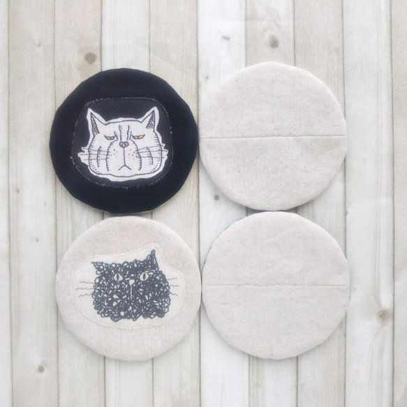 【一点物】ユニークな猫の丸コースター布製(Ｇ)四枚組『Creema限定』 2枚目の画像