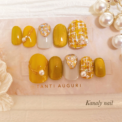 オーダー制】 黄色 イエロー ツイード ニュアンス マグネット ネイル  