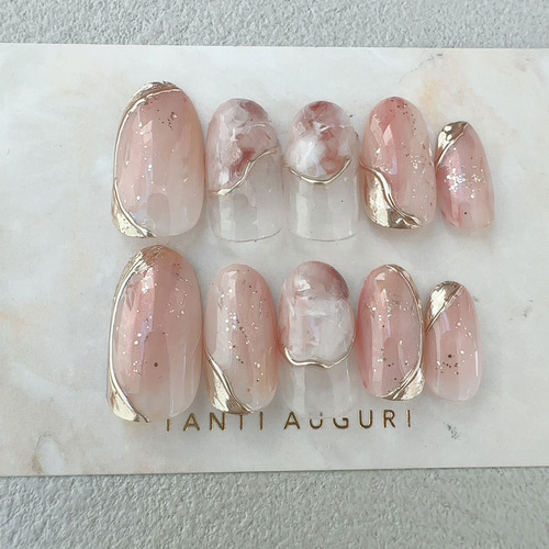 大理石 フレンチ ガーリー ネイルチップ ピンク色 マーブル フレンチ  