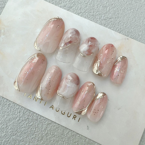 23))ストーンネイル フレンチガーリー ネイルチップ ぷっくり ピンクオーロラ 23))ストーンネイル フレンチガーリー ネイルチップ ぷっくり