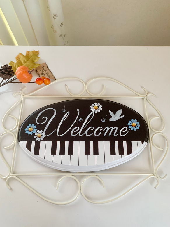 アイボリー アイアンウェルカムボード♡ピアノ鍵盤 トールペイント