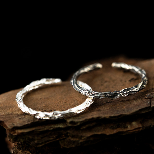 不規則な小枝の棒の文学様式の純銀製の S925 男女の開いたリング 2枚目の画像