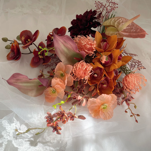 テラコッタブーケ、オレンジブーケ、胡蝶蘭ブーケ、カラー、ダリア