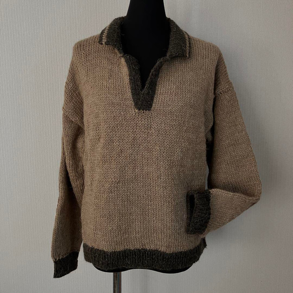 手編みハンドメイド 純毛 メンズセーター M～L大きいアンゴラ混