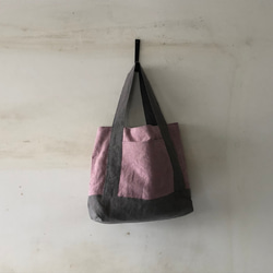 リネンのトートバッグ Belgiun linen25　"pink×grayマチたっぷりのお散歩BAG” 4枚目の画像