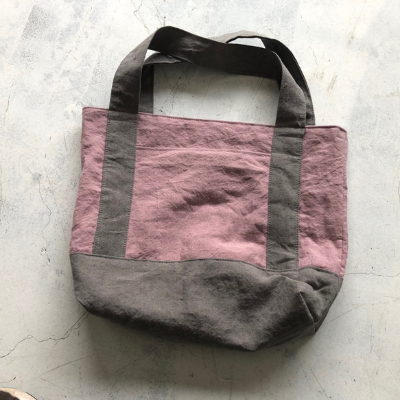 リネンのトートバッグ Belgiun linen25　"pink×grayマチたっぷりのお散歩BAG” 3枚目の画像