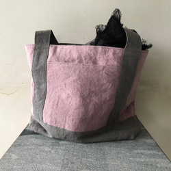 リネンのトートバッグ Belgiun linen25　"pink×grayマチたっぷりのお散歩BAG” 5枚目の画像