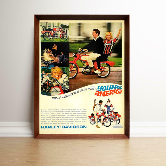 ハーレーダビッドソン 1960年代 アメリカ ヴィンテージ 雑誌 広告 額付 ポスター 1枚目の画像