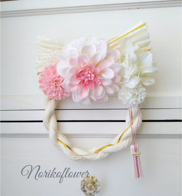 かわいいお花のしめ縄リース　可愛いお正月飾り　ピンクホワイト　15cm 2枚目の画像