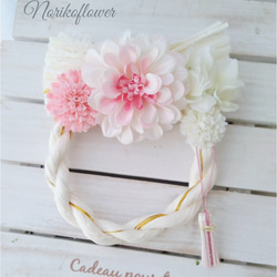 かわいいお花のしめ縄リース　可愛いお正月飾り　ピンクホワイト　15cm 1枚目の画像